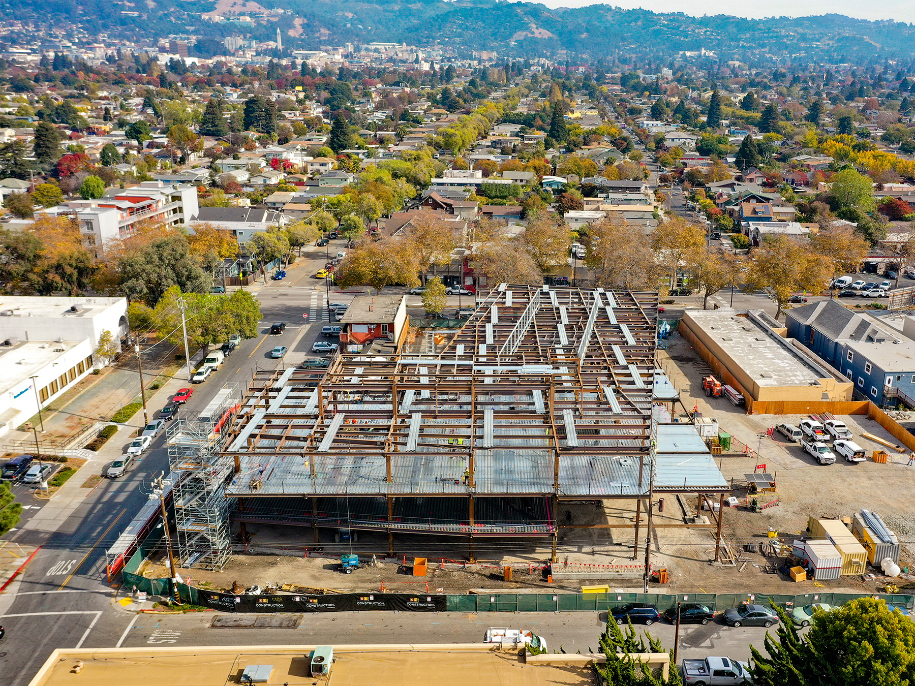 aerial photo of building mid-construction, showing steel frame