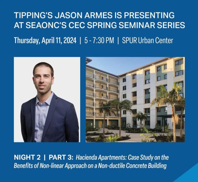 SEAONC’s CEC Spring Seminar Series | This Thursday, April 11th, on Night 2 of the two-part seminar series, Jason Armes, SE, Associate at Tipping, is presenting on ‘Hacienda Apartments: Case Study on the Benefits of Non-linear Approach on a Non-ductile Concrete Building.’ The event is taking place at the @spur_urbanist at 654 Mission St in San Francisco from 5:00 - 7:30 PM.

“Hacienda Apartments is a very special project as it shows the impact that deep technical knowledge and understanding can have on a project. The ability to use advanced analytics to reduce cost and complexity of the project resulted in tangible benefits to the residents and surrounding community. I am proud to have been part of this project and look forward to seeing Hacienda serve the Richmond community for decades to come,” says Jason Armes.

Developed by @mercyhousing, the 150-unit, 121,000 sqfft Hacienda Apartments was designed by @pyatokarchitects and built by Nibbi Brothers with structural by Tipping.

🔗: https://www.seaonc.org/events/EventDetails.aspx?id=1845540&group=

#tippingstructural #seisimicretrofit #structuralenginnering @seaoncalifornia