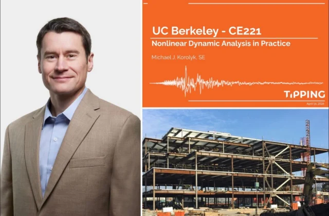 Earlier this April, Tipping Principal Mike Korolyk, SE, was invited by Khalid Mosalam, Professor at UC Berkeley, to deliver a guest lecture at CE221 on the topic of ‘Nonlinear Dynamic Analysis in Practice.’

“It was my honor and delight to present to the class of engineering students in CE 221 at UC Berkeley; it brought back memories of a time when I was in their place, and absorbing the curriculum felt like drinking from a fire hose! I appreciated their interest and participation and look forward to future opportunities to share what I’ve learned in practice,” remarks Mike. 

@berkeley_cee #tippingstructural #ucberkeley
